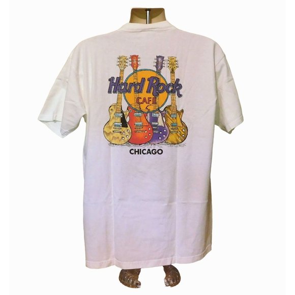 Hard Rock Cafe Chicago Tee Shirt XL White Guitars Short Sleeve Illinois Cotton - Picture 5 of 7